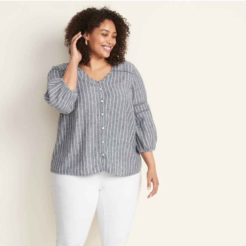 Striped Linen-Blend Button-Front Blouse 3x Plus
